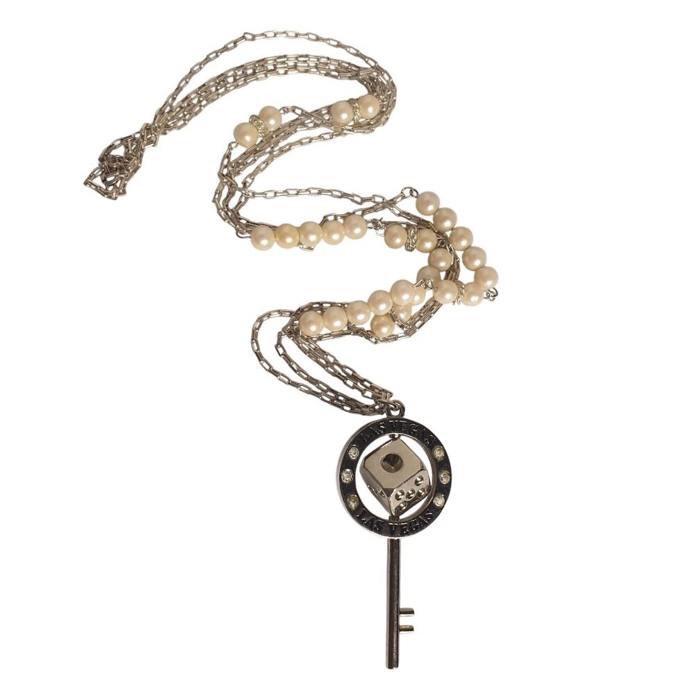 Las Vegas Key Dice Necklace 17" Silver Tone Faux Pearl Rhinestone Accents